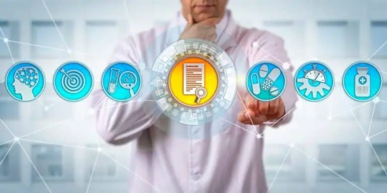 A person in a white coat touches a digital icon of a document, surrounded by other medical and healthcare icons, including a brain, bullseye, pills, stopwatch, and medicine bottle.