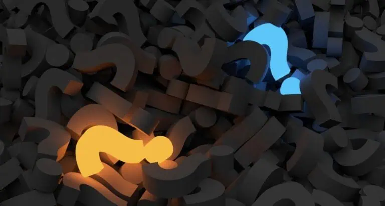 A pile of black 3D question marks with one glowing orange and one glowing blue question mark, symbolizing how to maximize performance improvement amid uncertainty.