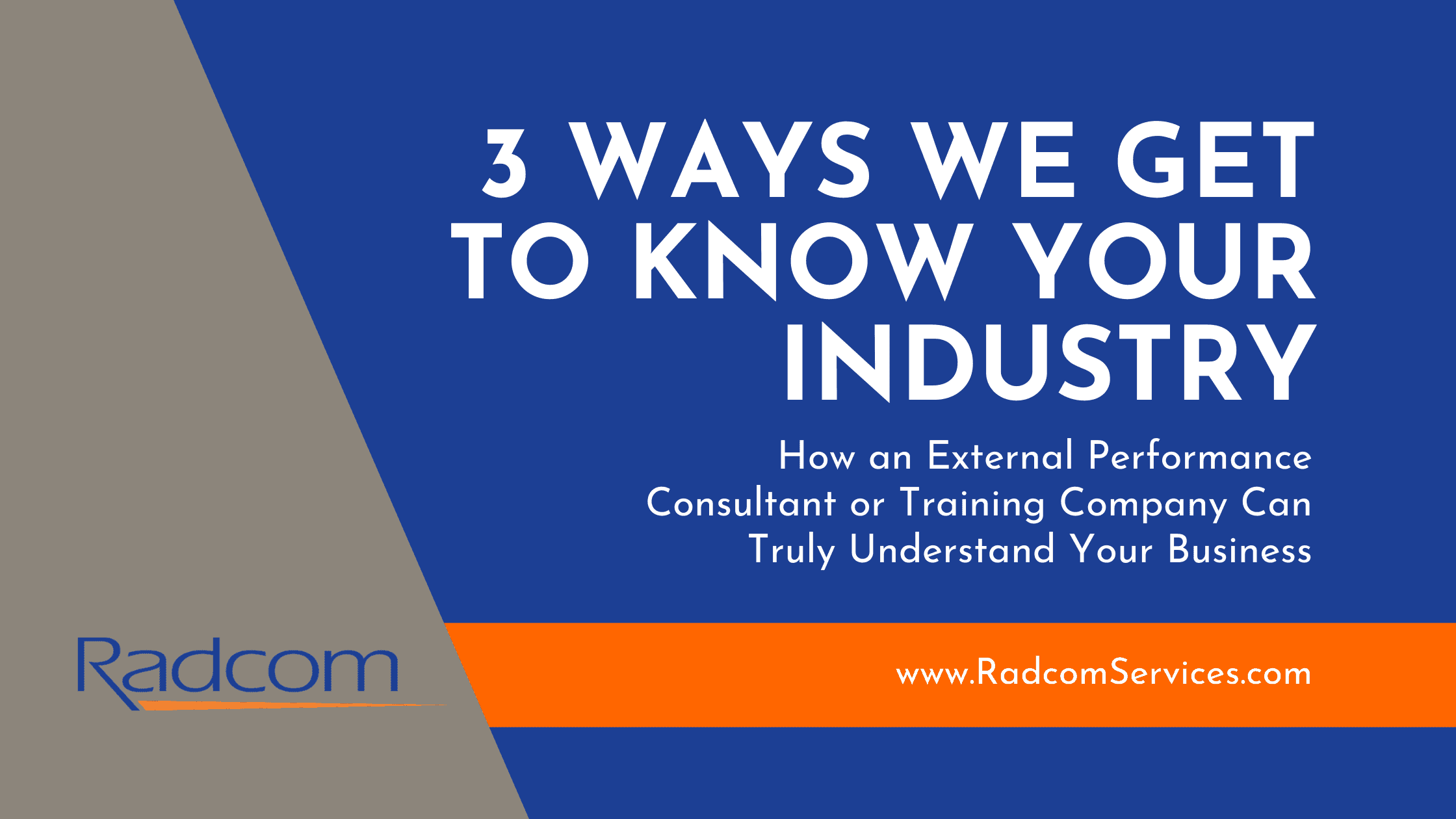 A blue and gray graphic with the text 3 Ways We Get to Know Your Industry and a subtitle about understanding business procedures, featuring the Radcom logo and website www.RadcomServices.com.