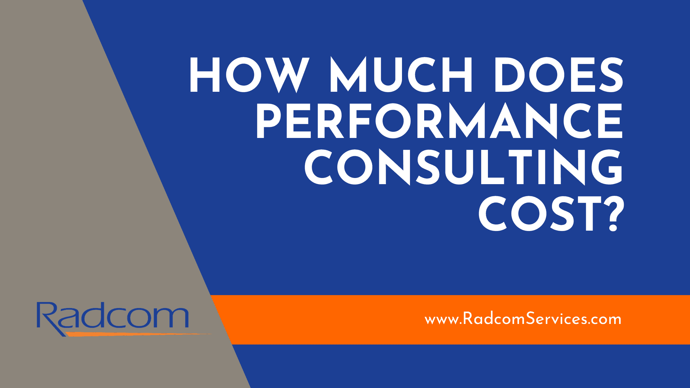 Blue and gray graphic featuring the text How much does performance consulting cost? plus Radcom and www.RadcomServices.com on an orange bar. Get insights into performance consulting cost with this clear visual.