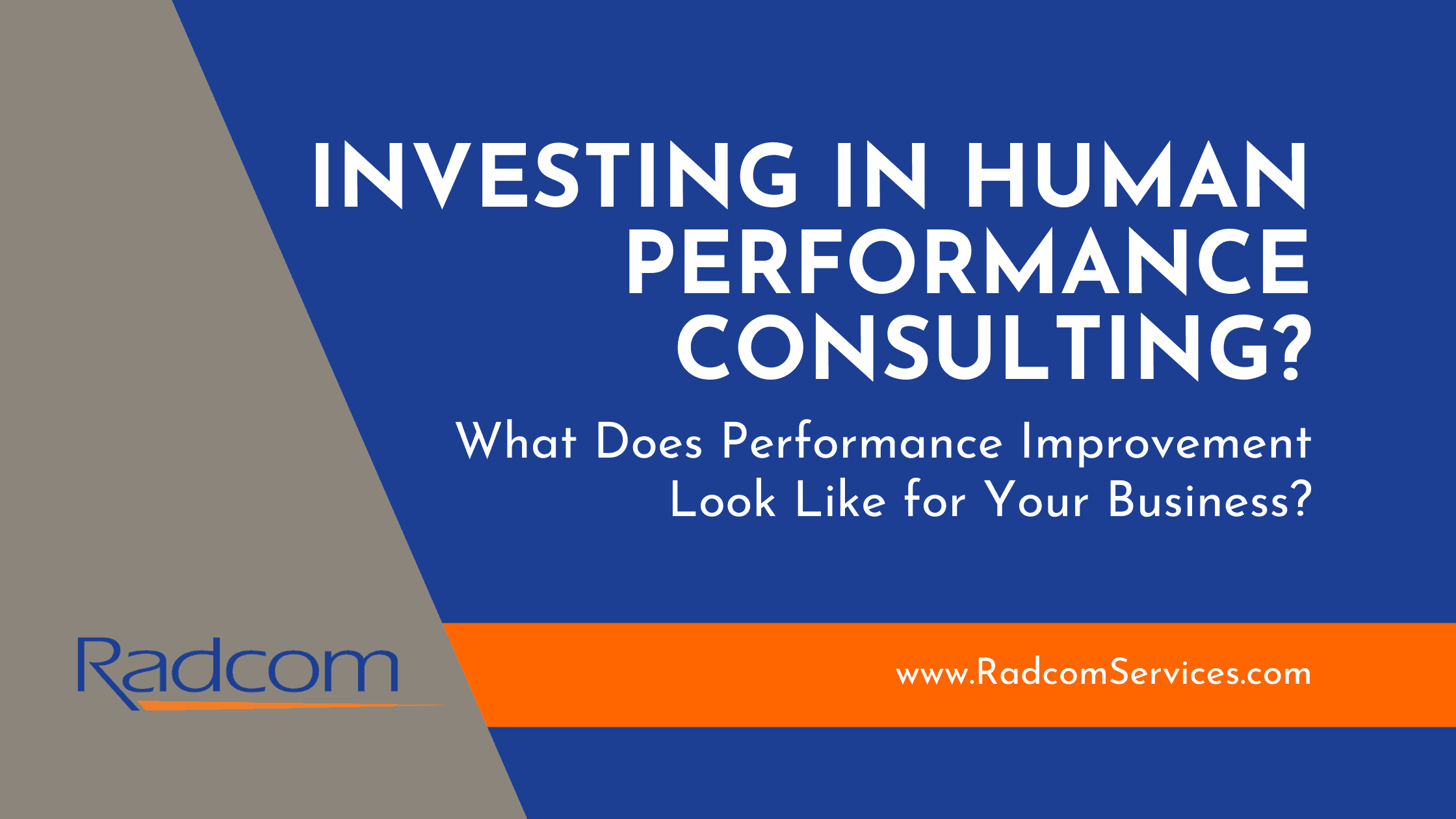 A blue and gray graphic reads: Investing in human performance consulting? What does performance improvement look like for your business? Radcom and www.RadcomServices.com appear at the bottom.