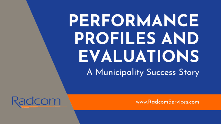 Blue and gray graphic with the Radcom logo, text reading “PERFORMANCE PROFILES AND EVALUATIONS: A Municipality Success Story,” highlighting the impact of performance profiles, and the website www.RadcomServices.com on an orange stripe.