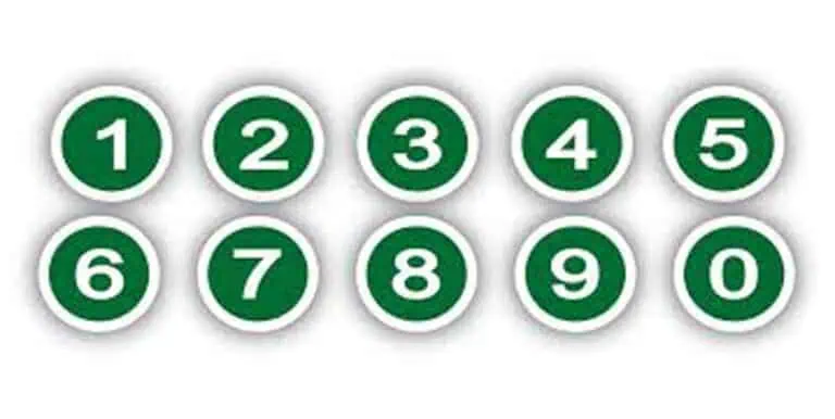 Ten green circles each containing a white number from 1 to 0, arranged in two rows of five on a white background.