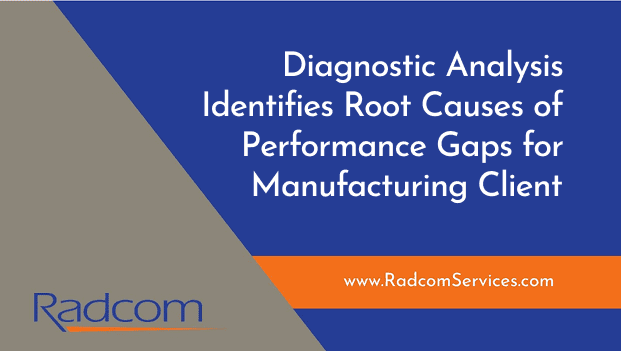 A blue and gray graphic with the text: Diagnostic Analysis Identifies Root Causes of Performance Gaps for Manufacturing Client. The bottom features Radcom and www.RadcomServices.com on an orange band.