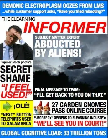 A parody magazine cover features sensational headlines about eLearning, including topics like alien abduction, gnomes passing online courses, and teleportation. A stressed man, a UFO, and playful graphics are included.