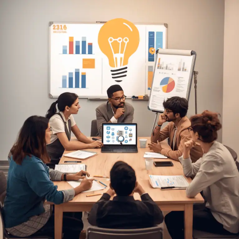 A diverse group of six people sit around a meeting table discussing charts and graphs, with a large light bulb graphic on a whiteboard symbolizing brainstorming and using AI in business decisions.
