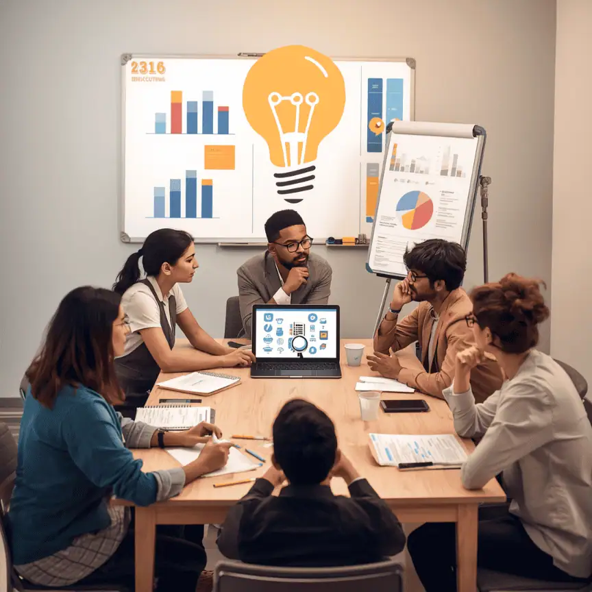 A diverse group of six people sit around a meeting table discussing charts and graphs, with a large light bulb graphic on a whiteboard symbolizing brainstorming and using AI in business decisions.