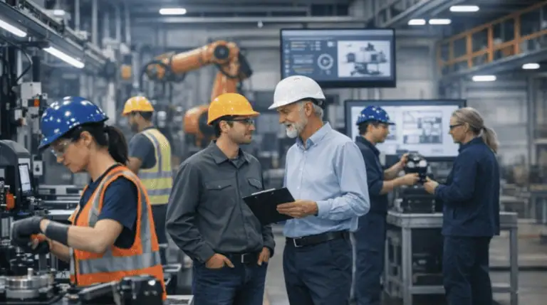 Engineers and technicians wearing hard hats and safety vests work with machinery in a modern factory. Two men discuss with a clipboard, while others handle equipment. Robotic arms and monitors appear in the background.