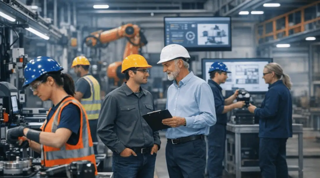 Engineers and technicians wearing hard hats and safety vests work with machinery in a modern factory. Two men discuss with a clipboard, while others handle equipment. Robotic arms and monitors appear in the background.