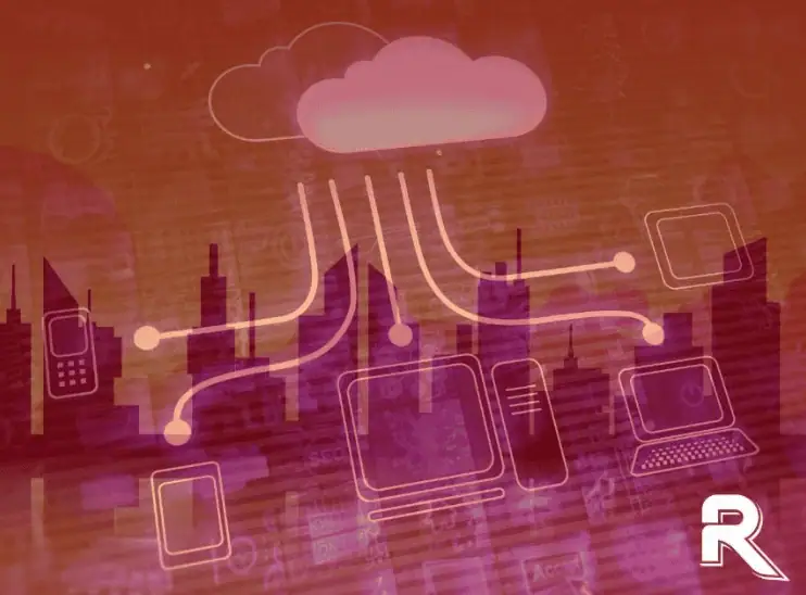 A pink and orange-toned graphic showing a cloud icon connected to various devices, including a desktop, laptop, tablet, and smartphone, overlaid on a cityscape with a stylized R logo in the bottom right corner.