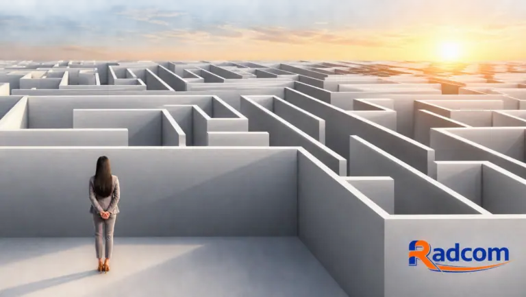 A professional faces a complex maze representing barriers to successful employee performance.