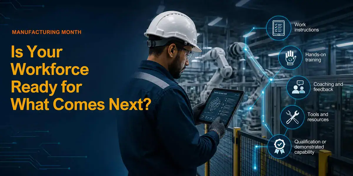 A worker in a hard hat holding a tablet on a factory floor, with overlay text asking Is Your Workforce Ready for What Comes Next? and a diagram listing training and resource pillars.